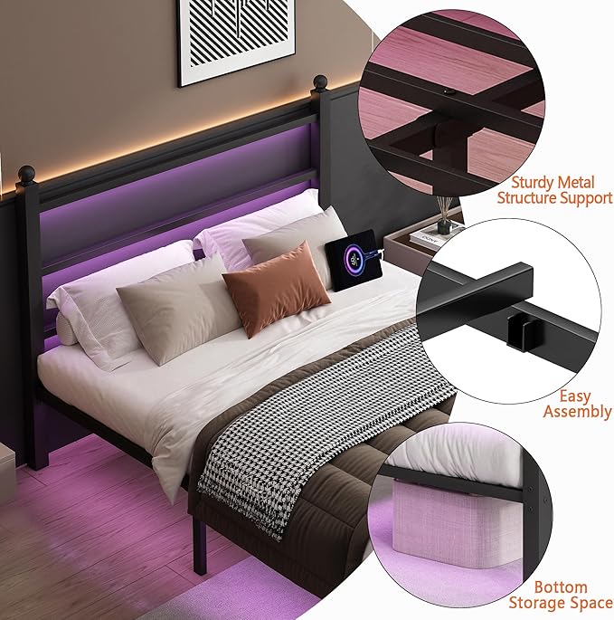 CLIBFENG Full Size Bed Frame with Headboard and Footboard,Steel Slats Support-LED Bed Frame with Charging Station,Mattress Foundation-Under Bed Storage, No Box Spring Needed,Noise Free,Black