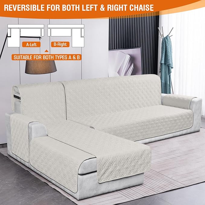 VANSOFY Sectional Couch Covers 100% Waterproof L Shaped Sofa Slipcover 3pcs Reversible Chaise Lounge Cover for Sectional Sofa Furniture Protector Cover for Pets Dog Cat(Large, Beige)