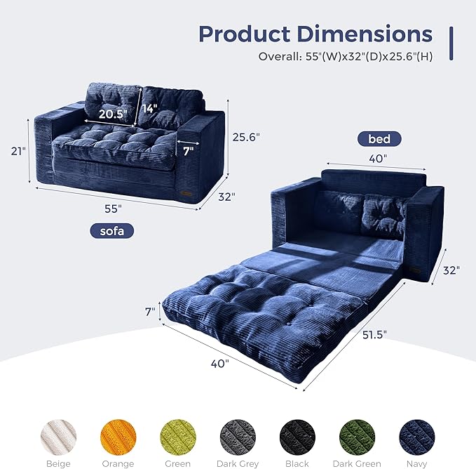 MAXYOYO Convertible Sofa Bed, Pull Out Loveseat Sleeper Sofa, 2 in 1 Folding Couch Bed, Fold Out Floor Couch with Pillows for Living Room Lounge, Navy