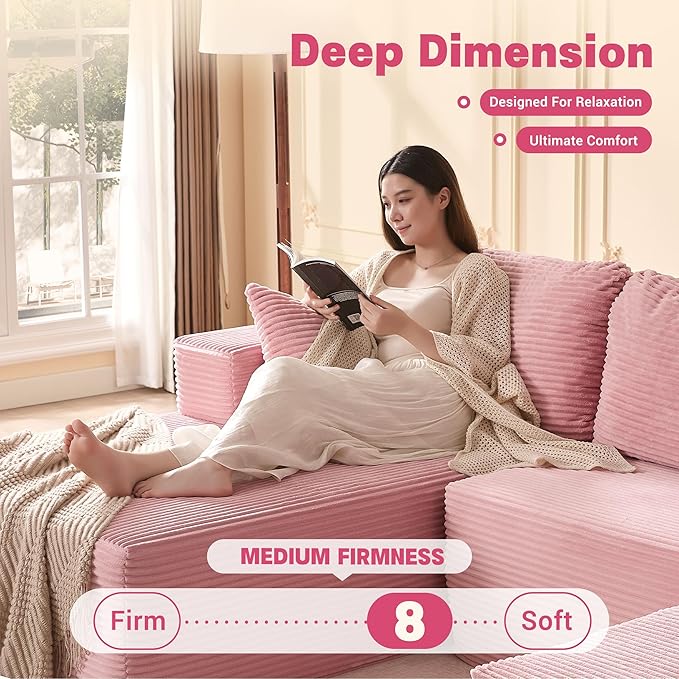 107" Boneless Couch with Deep Seat, Set of Modular Sectional Sofa, Cloud Sectional Couch for Living Room, No Assembly Required, Corduroy, U-Shape 3 Seater Left, Pink