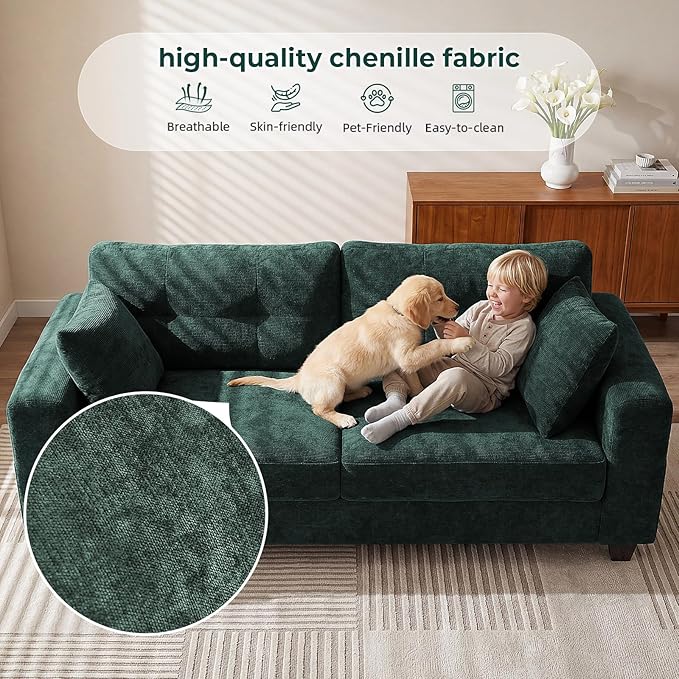 70" Loveseat Sofa for Living Room, Modern Chenille Cloud Couch with USB/Type-C Charging Ports, Side Pockets, Removable Cover, Wide Armrests, Small Couch for Small Space, Easy Assembly, Green