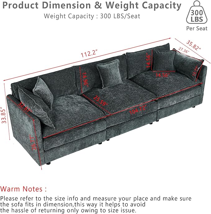 Setawix Chenille Cloud Couches for Living Room,3 Seater Cloud Sofa Couch with Deep Seat,112.2" Roomy Cloud Sofas,Modular Sectional 3 Seat Sofa with Pillows for Bedroom. (Grey, 3 Seater)