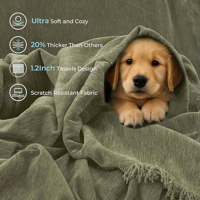 Sectional Couch Covers, 2 Pieces Chenille Sofa Cover L Shaped Couch Cover Blanket for Dogs Washable Sofa Slipcovers Pet Furniture Protector (XX-Large: 71" x 118" + 71" x 118", Sage Green)