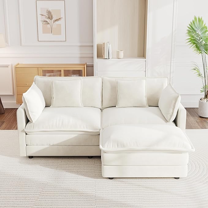 mikibama Modular Sectional Sofa, 76.4 Inch L Shaped Couch Set for Living Room, Loveseat Comfy Cloud Couches with Movable Ottoman, DIY Combination, Chenille, Beige