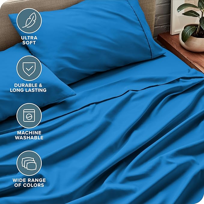 Bare Home Split Head Flex King Sheet Set - 1800 Ultra-Soft Microfiber Bed Sheets - Double Brushed - Deep Pockets - Easy Fit - 4 Piece Set - Bedding Sheets & Pillowcases (Medium Blue)