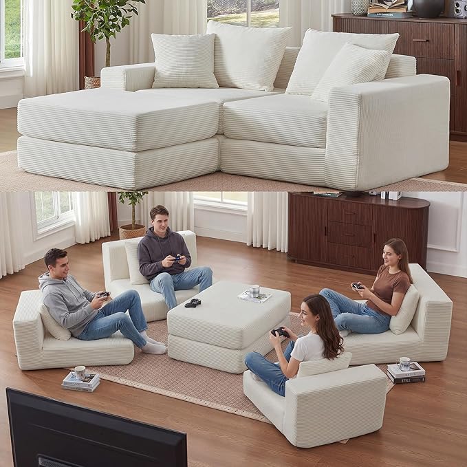 Modular Loveseat L Shaped Sofa,Boneless Cloud Couch with Ottoman (Beige White) | Freely Combination, No Assemble Required, Modular Design, Breathable Fabric, Convertible to Bed, Futon Bed