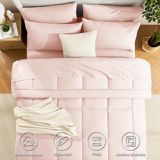 CozyLux Oversized King Comforter Sets Blush Pink, 7 Pieces Bed in a Bag, Ultra-Soft All Season Bedding Sets with Stitch Quilted Comforter, Flat Sheet, Fitted Sheet, Pillowcases