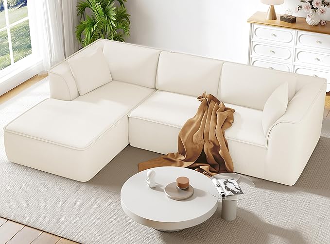 Vesgantti 106" Cloud Couch Sectional Modular Sofa, Deep Seat Comfy Cloud Couch Chenille Memory Foam Sofa Modular Couches for Living Room Bedroom, No Assembly Required (Beige, Left-Facing Chaise)