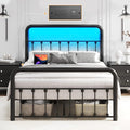 Fluest 14 Inch Full Bed Frame Classic Metal Platform Bed Frame with Charging Station & LED, Victorian Style Iron-Art Headboard/Footboard, Under Bed Storage, No Box Spring Needed, Noise Free