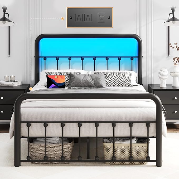 Fluest 14 Inch Full Bed Frame Classic Metal Platform Bed Frame with Charging Station & LED, Victorian Style Iron-Art Headboard/Footboard, Under Bed Storage, No Box Spring Needed, Noise Free