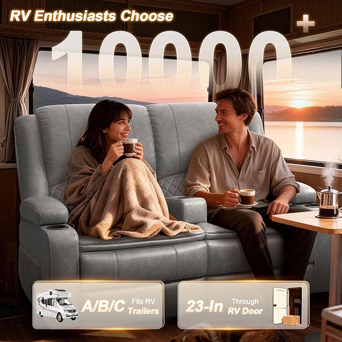 RV Loveseat Recliner Wall Hugger, Manual RV Reclining Loveseat with Removable Armrest, 3X Adjustable Theater Wall Hugger Loveseat Recliners with USB Ports, Cup Holders, Multi-Storage (PU,Grey)