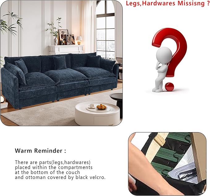 Setawix Chenille Cloud Couches for Living Room,3 Seater Cloud Sofa Couch with Deep Seat,112.2" Roomy Cloud Sofas,Modular Sectional 3 Seat Sofa with Pillows for Bedroom (Blue, 3 Seater)