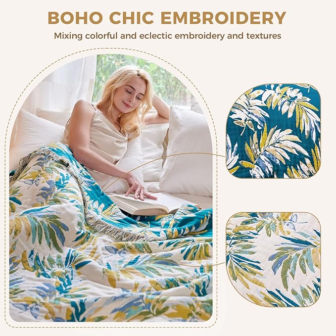 LUTBM Boho Throw Blanket for Bed Cotton Spring Blankets Twin Size for Bedroom Living Room All Season Lightweight Leaves Embroidery Breathable Quilt for Couch Sofa Chair 60"x80" Home Decor