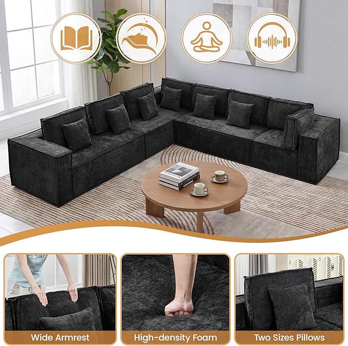 138'' Boneless Chenille L Shaped Couch, Oversized Modular Sectional 7 Seater Sofa, Modern Deep Seat Corner Cloud Compressed Couch, No Assembly Sleeper Sofa with Chaise for Living Room, Black