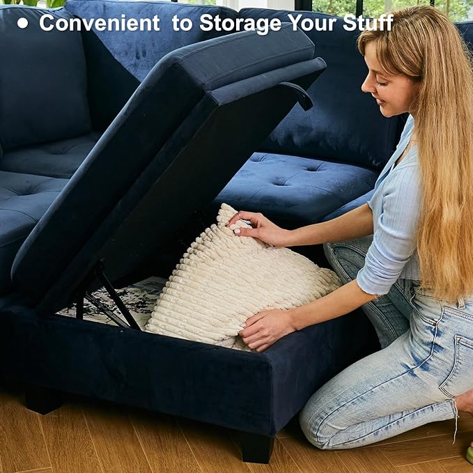 Belffin Modular Sectional Sleeper Sofa with Pull Out Bed Convertible Velvet Sleeper Sofa with Storage Sectional Couches for Living Room Blue