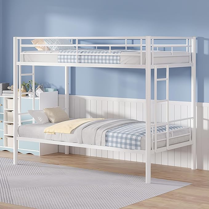 VECELO Bunk Bed Twin Over Twin, Metal Bunkbeds with Ladder and Full-Length Guardrail, No Box Spring Needed, Space Saving, Noise Free, White