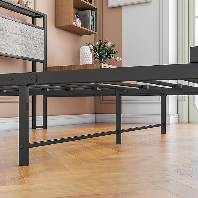 BOFENG Queen Bed Frame with Wood Headboard Storage,Heavy Duty Metal Platform Bed Frame Queen Size with Charging Station,Reinforced Steel Slats Support,No Box Spring Needed,Noise Free,Greige