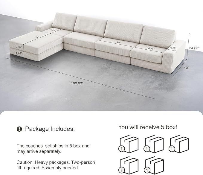 Modular Sectional Boneless Sofa, 160.63" Oversized Modern Cloud Couch Sectional Sofa with L-Shaped Chaise Comfy Corduroy Fluffy Couch with Deep Seat Couches for Living Room Bedroom, White