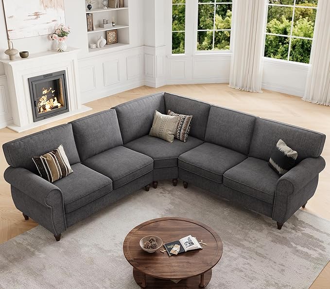 ONBRILL 101" L Shaped Couch, Sectional Corner Sofa with Rolled Arms, 5 Seater Chenille Fabric Couch w/Springs Seat Cushion, Wooden Legs, Comfy Oversized Sofa for Living Room, Apartment, Grey