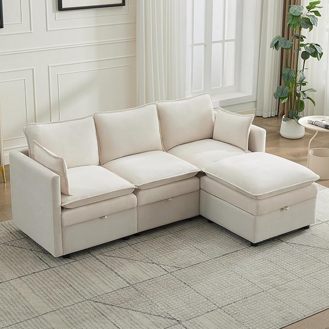 80" Cloud 3 Seater Sectional Modular Couch with Storage Ottoman, Upholstered Storage Sofa Deep Seat, Chenille L Shape Sofa Comfy Couches with Armrests for Living Room, Small Space, Beige