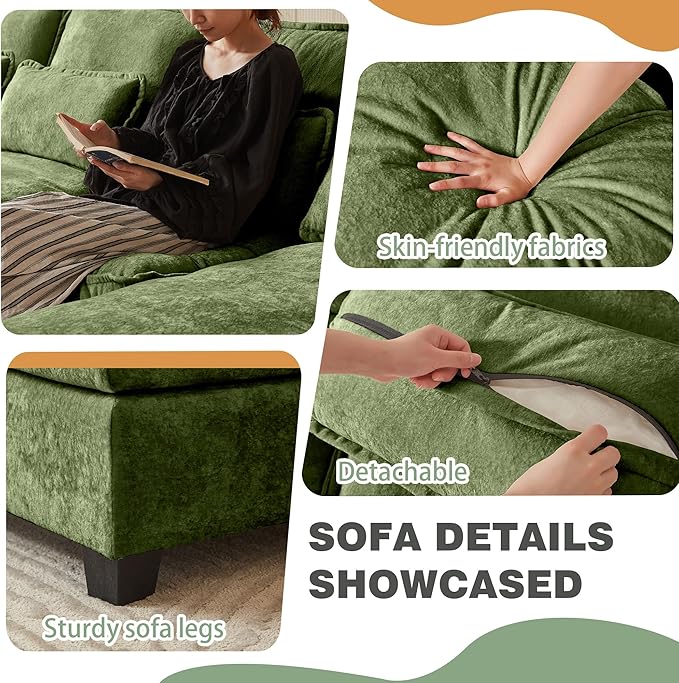 112" Modular Sectional Sofa, U Shaped Comfy Cloud Couch with Double Chaise and Padded Armrests, Modern Deep Seat Sectional Couches for Living Room, Apartment, Office, Green