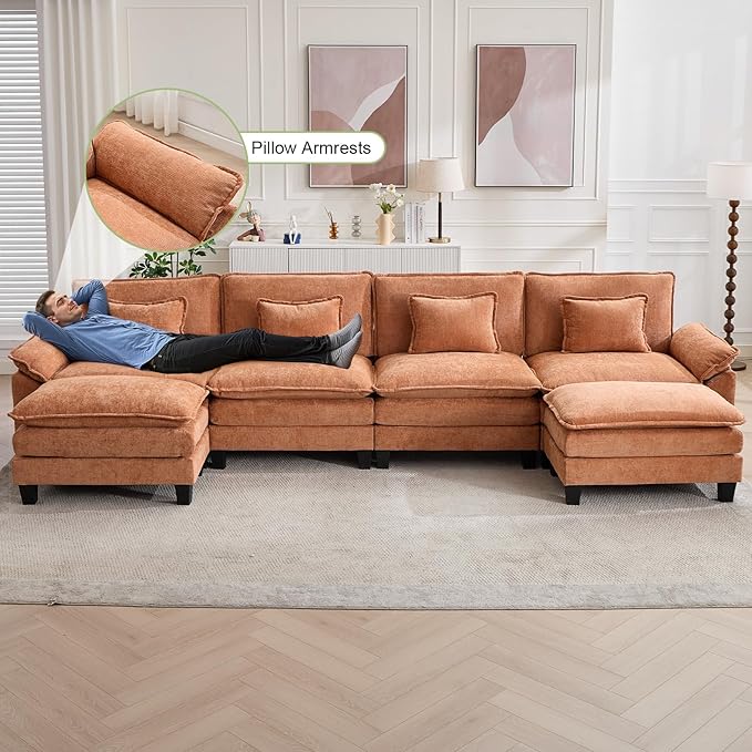154" Modular Sectional Sofa, Comfy Cloud Couch Sectional Sofa with Ottoman, Chenille Sofa Sleeper Deep Seat Sofa with Throw Pillows for Living Room (Orange, 154"- U Shape)