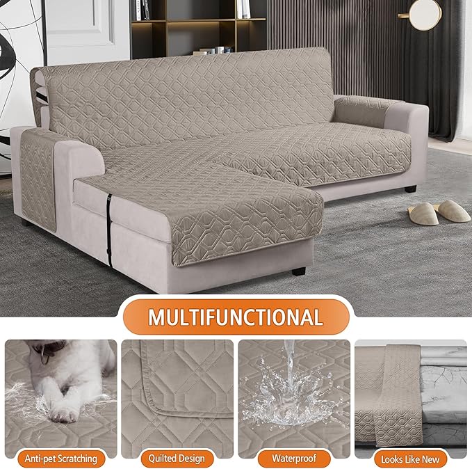 VANSOFY Upgraded Sectional Couch Covers 100% Waterproof L Shaped Sofa Slipcover Reversible Chaise Lounge Cover for Sectional Sofa Furniture Protector Cover for Pets Dog Cat(Small, Khaki)