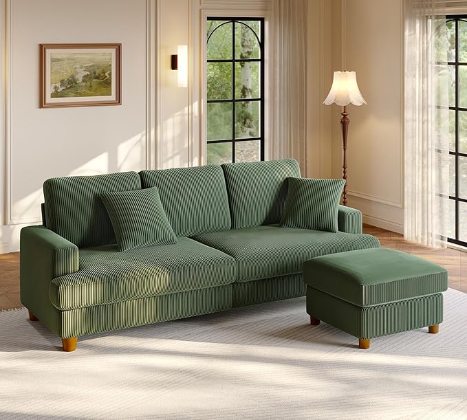 87.2" Couches for Living Room, Comfy L Shaped Couch Green 7.5" Thicker Cushion, Sofas for Living Room Tool-Free Setup, Loveseat with Ottoman 848lbs Support, Corduroy Couch for Bedroom, Office