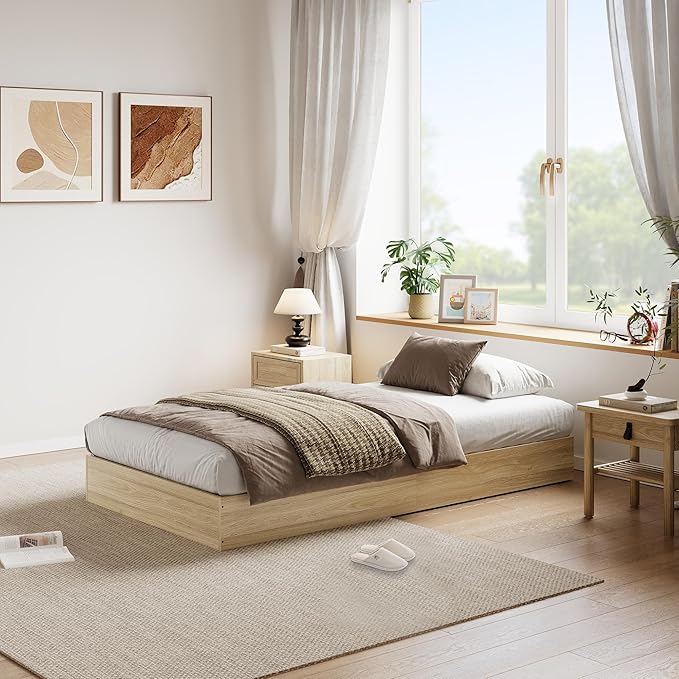 Wood Platform Bed with Sturdy Wooden Slats, Twin XL Floor-Standing Bed Frame, Modern Minimalist Design Space-Saving Bed Frame, No Box Spring Needed, Easy Assembly