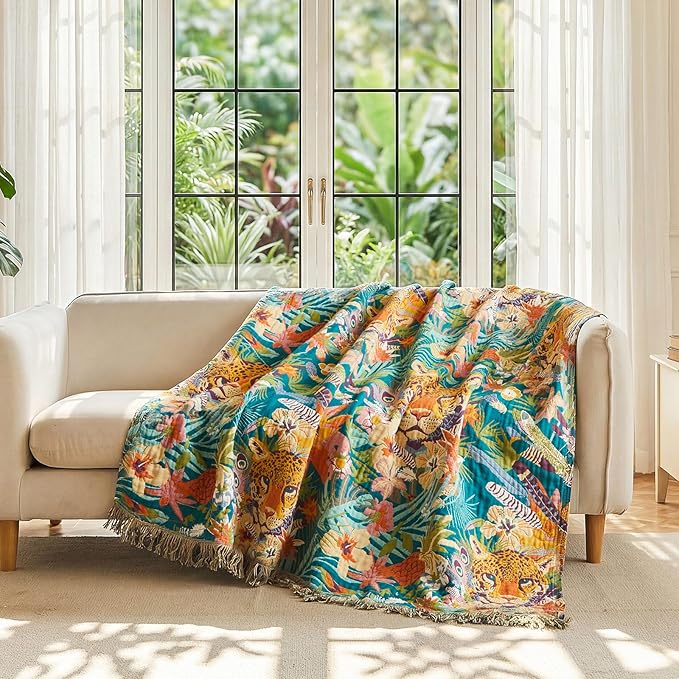 LUTBM Throw Blanket for Couch Sofa Soft Cotton Spring Blankets for Bedroom Living Room All Season Reversible Leopard Embroidery Reversible Breathable Throws Whimsical Home Decor 50"x60"