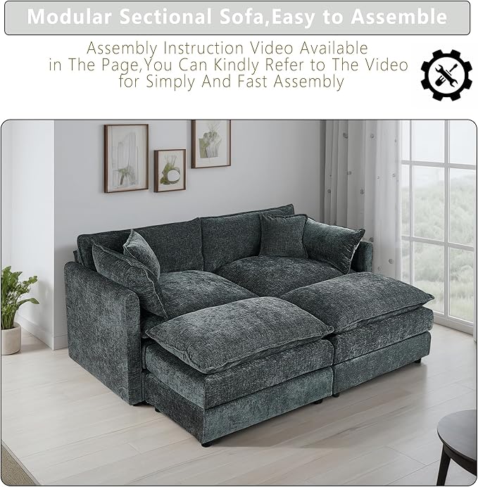 Setawix Deep Loveseat Couch with Ottomans,Large 2 Seater Lounger Cloud Couches for Living Room,77.16" Chenille Cloud Sofas with Deep Seat,Modular Sectional Sleeper Sofa for Bedroom(Grey, 2+2)