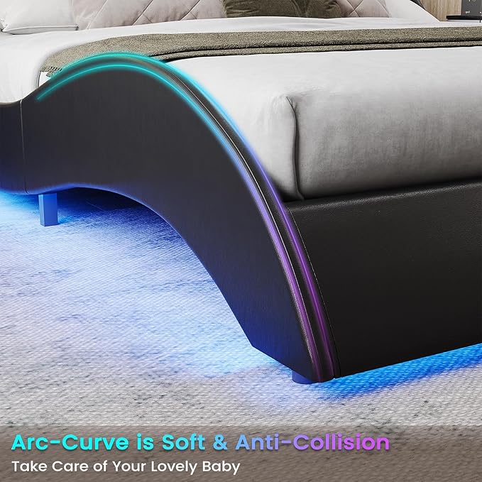 DICTAC California King Bed Frame with Led Lights and USB & Type-c Ports Modern Cali King Bed Frame with Headboard Faux Leather Wave Like Curve Low Profile Platform Bed Frame,No Box Spring Needed,Black