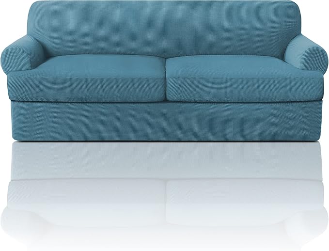 PrinceDeco T Cushion Sofa Slipcover 3 Pieces Sofa Covers for T Cushion Couch Soft Couch Covers Sofa Slip Cover Furniture Covers with 2 Individual T Shape Seat Covers (70"-88"), Storm Blue