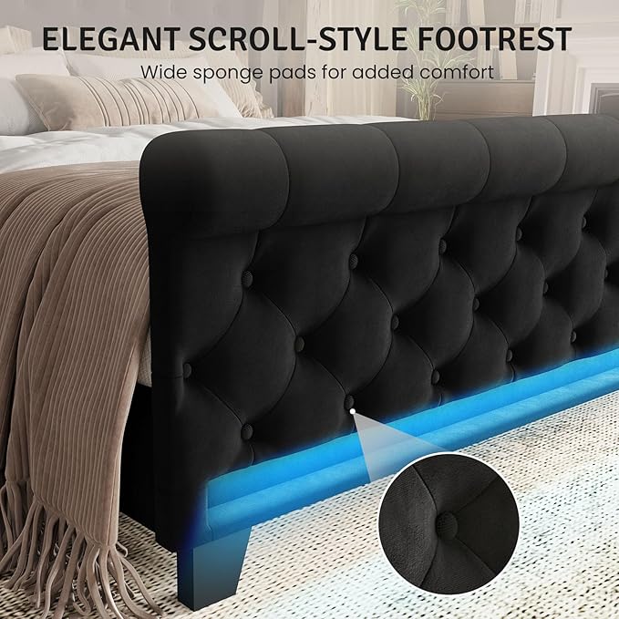 Belffin Queen Size Bed Frame with Headboard,50" Tall Headboard Upholstered Velvet Platform Bed with LED Lights & 2 USB Port/1 Type C Port, Button Tufted, No Box Spring Needed,Noise Free,Black