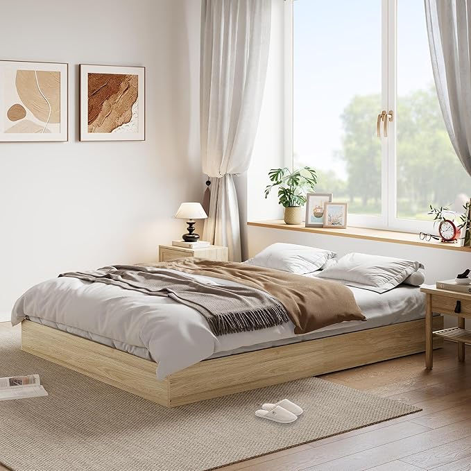 Solid Wood Platform Bed with Sturdy Wooden Slats, Full Size Floor-Standing Bed Frame, Modern Minimalist Design Space-Saving Bed Frame, No Box Spring Needed, Easy Assembly