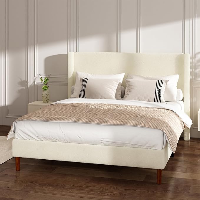 Queen Boucle Bed Frame, Platform Bed with Upholstered Wingback Headboard, Strong Wooden Slats Support, Noise-Free, Easy Assembly, No Box Spring Needed, Beige