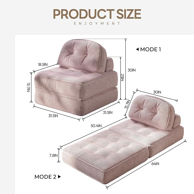 Dowinx Folding Sofa Bed with Pillow, Convertible Comfy Couch Bed for Adults Home Lounge and Gaming, Modern Comfortable Design for Apartment Living Room Bedroom, Single, Ribbed Velvet, Mauve