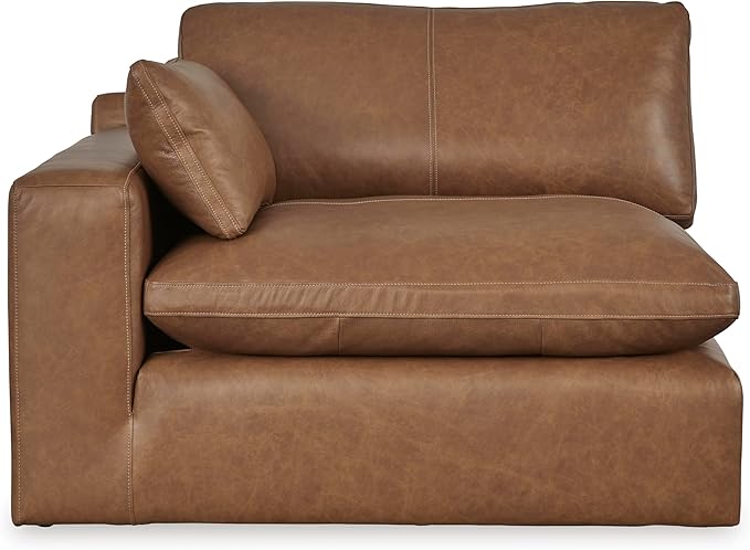Signature Design by Ashley Emilia Modern Leather Match 3-Piece Sectional Sofa with Loose Back Cushions and 2 Bolster Pillows, Light Brown
