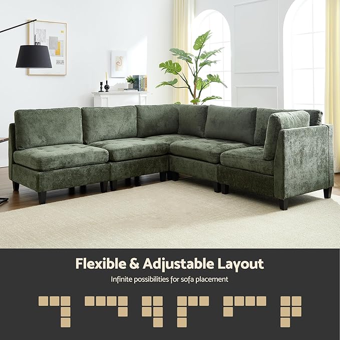 Luxe Oversized Modular Sectional Sofa，Modern Chenille Convertible Corner Couch，Comfy 5 Seater L-Shaped Sofas Sectional Cloud Couch for Living Room（Green，5-Seater）