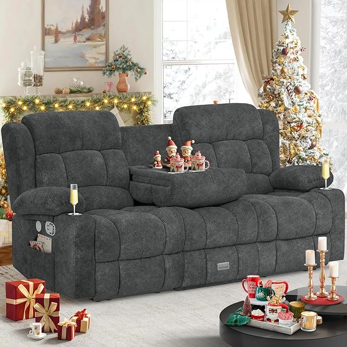 Loveseat Recliner Sofa, Flip Middle Backrest Design 3 Seat Reclining Sofa with Storage Drawer, USB Ports & Cup Holders, Manual Couch for Living Room/RV (Gray)
