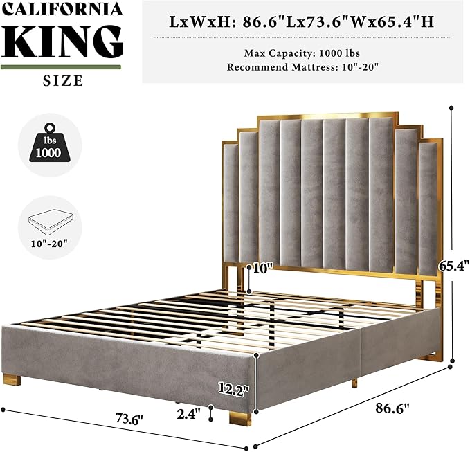 AMERLIFE California King Size Upholstered Bed, Modern Velvet Bed Frame with 65.4” Tall Gold Trim Headboard, No Box Spring Needed, Grey