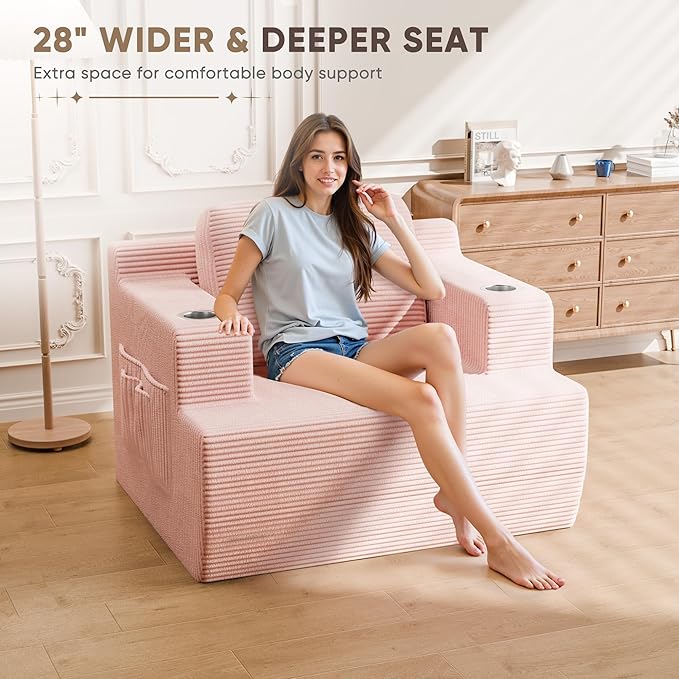 Homall 42” Single Sofa Foam Couch for Small Spaces Upholstered Floor Sofa with Cup Holder & Storage Pocket Boneless Couch for Bedroom Living Room (Pink, Single)