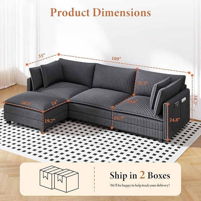 Vesgantti 109" L Shaped Cloud Sectional Couch, Comfy Corduroy Upholstered Modular Couches for Living Room, Modern 3 Seater Sectional Sofa with Ottoman Deep Seat, Charcoal Grey