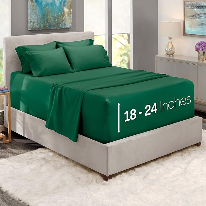 Hearth & Harbor Bed Sheets, Luxury Soft 6 Piece Bed Sheet Set Extra Deep Pocket Fitted Sheets Fits Mattress up to 21", Double Brushed Bedding Sheets & Pillowcases, Full, Dark Green