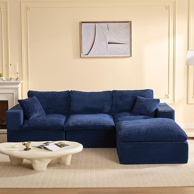106.3” Sectional Couches for Living Room, Set of Cloud Couch, Modular Sectional Sofa, Convertible Sofas Bed, Deep Seat Sofa, L Shaped Cozy Sofa Furniture Set, Corduroy, Blue
