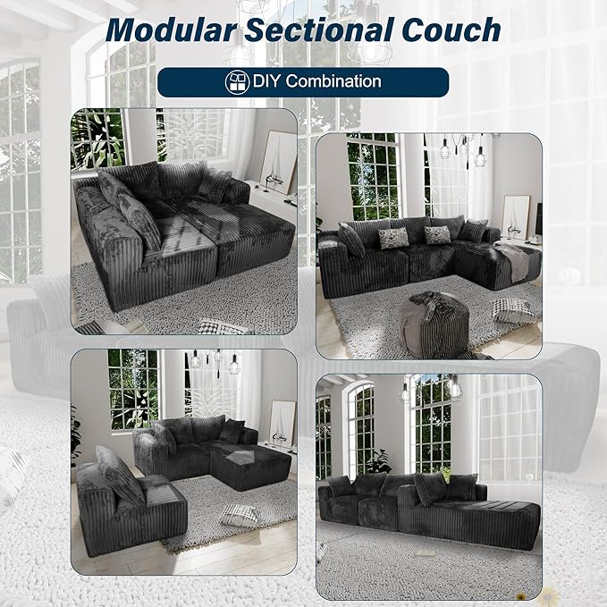 3 Seater L Shaped Sofa with Deep Seat, 101" Cloud Sectional Couch with Chaise, Cozy Modular Couches Sleeper, Oversized Corduroy Sofa for Living Room Bedroom Apartment, Dark Grey