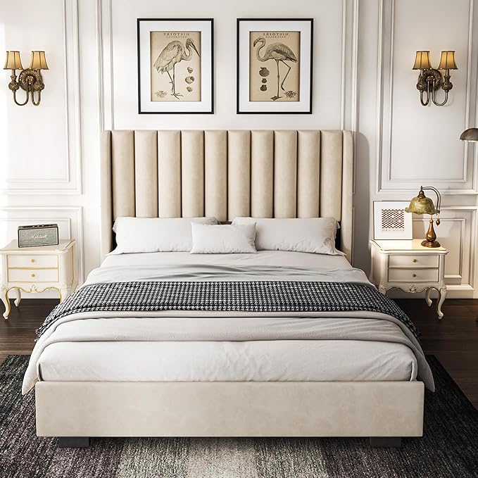 King Size Upholstered Lift Up Storage Bed Frame with 51.2" Tall Headboard, Velvet Wingback Tufted Design, Wood Slats Support, No Box Spring Required, Noise-Free Double Low Bed Frame (King,Beige)