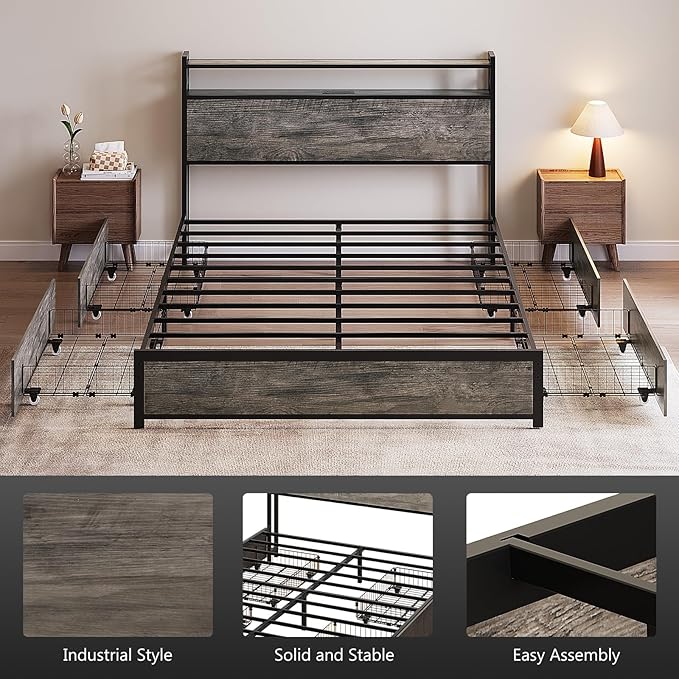 VINGLI King Bed Frame with 4 Storage Drawers and Adjustable Headboard Shelf, Metal Platform Captain Bed with Charging Station and RGB LED Lights, No Box Spring Needed, Noise Free, Wash Grey