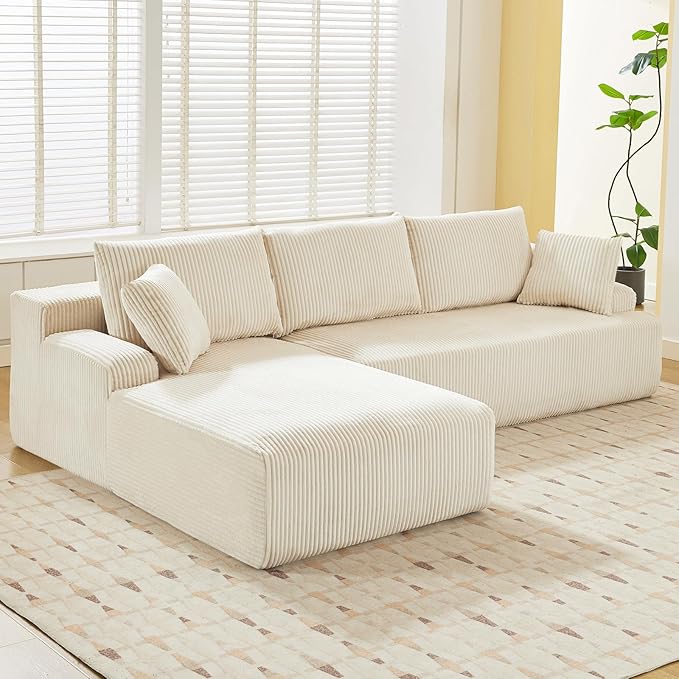 Sectional Cloud Boneless Couch 106" Modern Comfy L-Shape Corner No Assembly Required Convertible Compression Sleeper Modular Sofa with Corduroy Fabric Deep Seat Loveseat + Chaise for Living Room