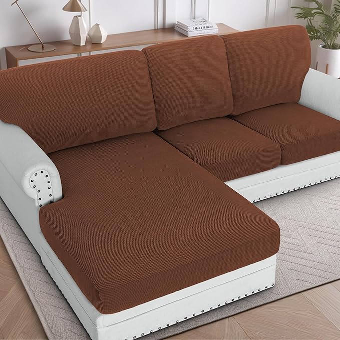 H.VERSAILTEX Sectional Couch Covers 6 Pieces Stretch Sofa Covers for Sectional Sofa Set Separate L Shaped Couch Cover for Both Left/Right Couch (Seat and Back: 1 Chaise + 2 Sofa, Caramel)